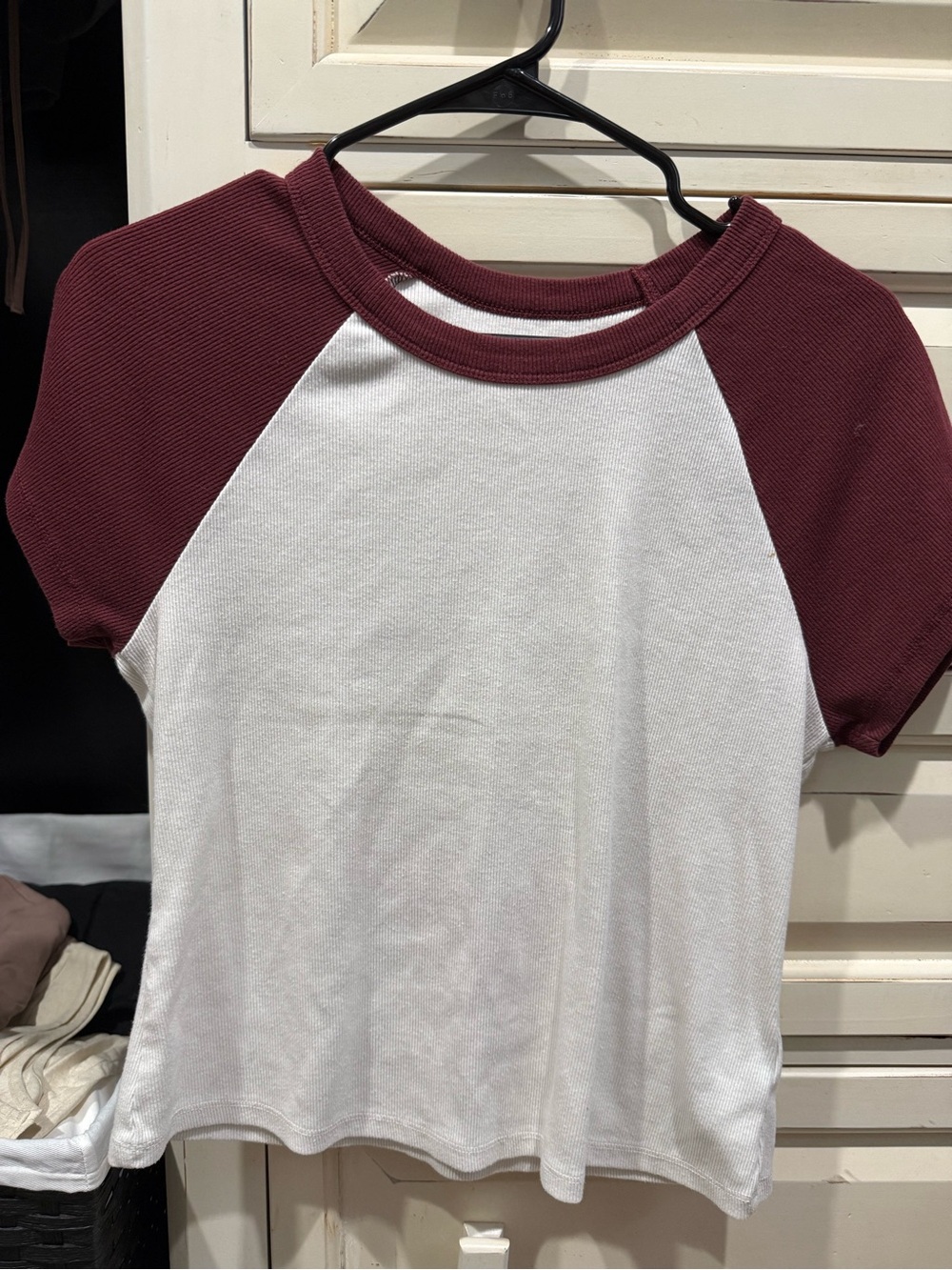 Women’s Raglan Tee - White Body with Burgundy Sleeves